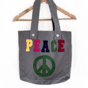 PEACE Sign Tote Bag Boho Gray Canvas